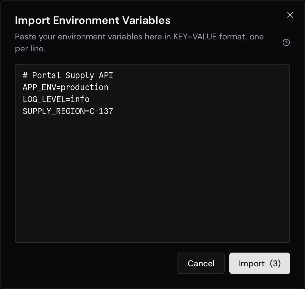 Import Environment Variables dialog with three parsed variables and an Import (3) button