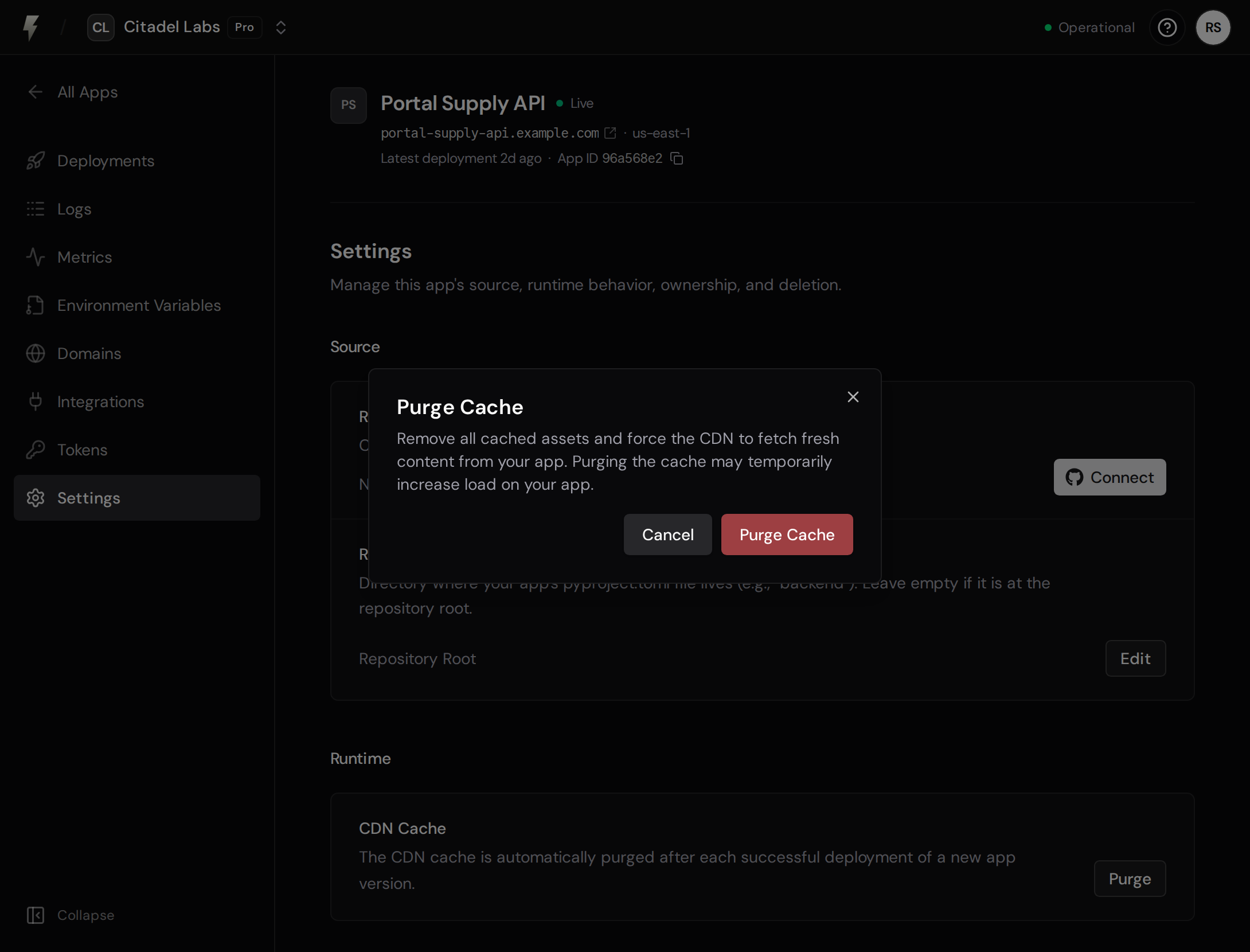App settings with the Purge Cache confirmation dialog open above the CDN Cache controls