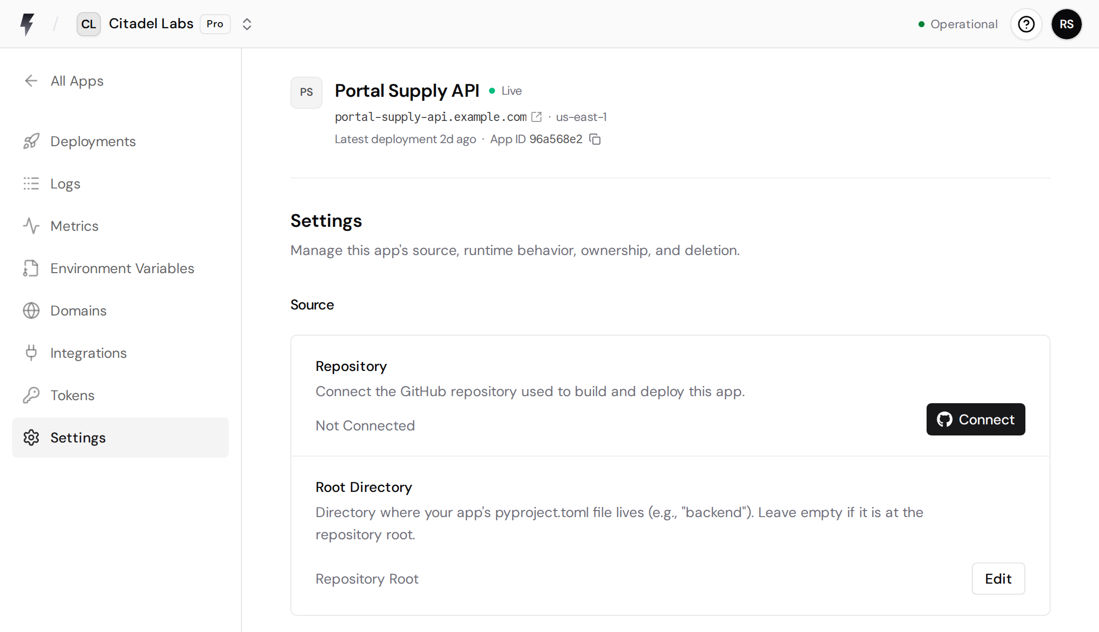 App settings with the Repository section and Connect button.