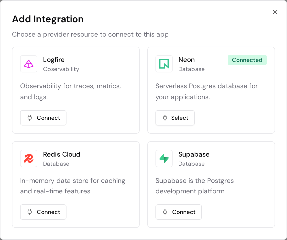 Add Integration dialog with the Neon account connected and its Select button available.