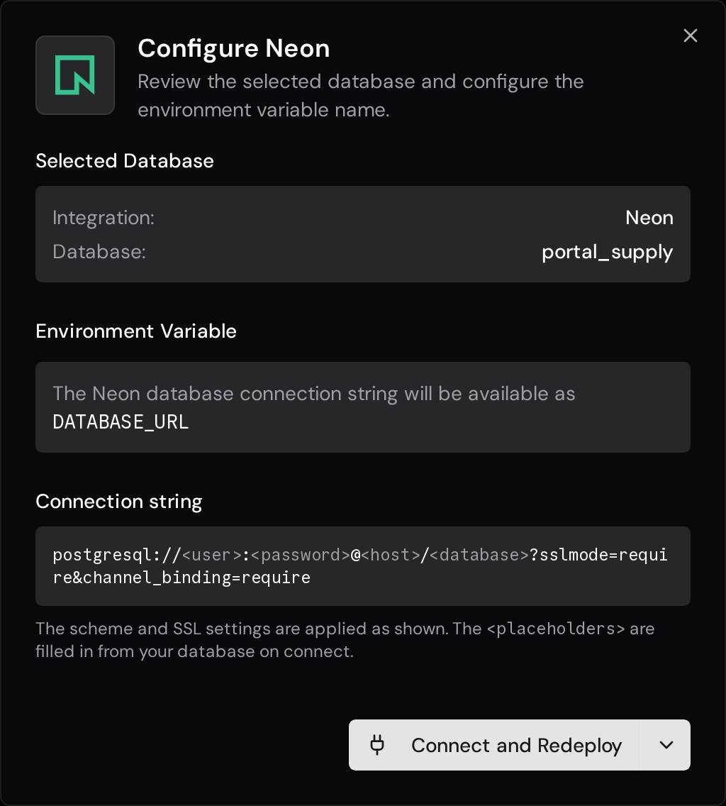 Neon confirmation dialog with the selected database, environment variable, and Connect and Redeploy button.