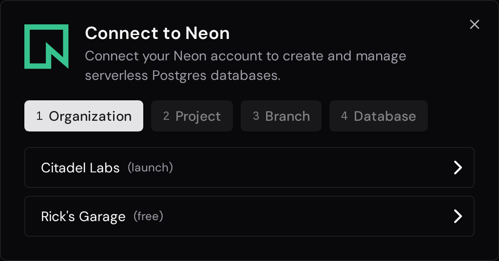 Neon organization selection with two available organizations.