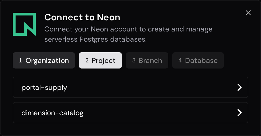 Neon project selection with two available projects.
