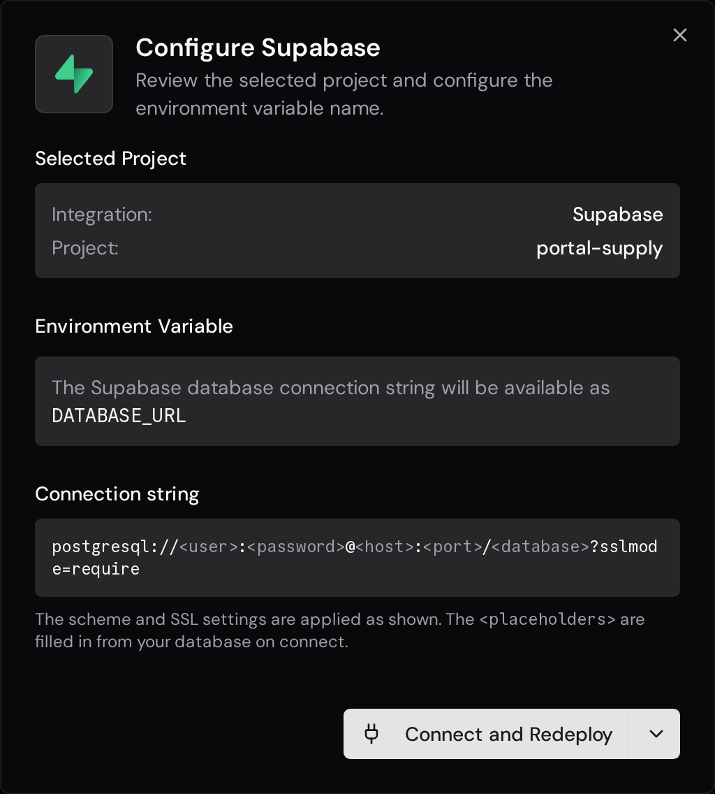 Supabase confirmation dialog with the selected project, environment variable, and Connect and Redeploy button.
