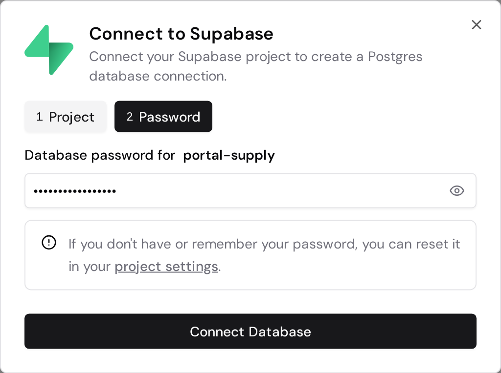 Supabase database password form with a password reset link and the Connect Database button.